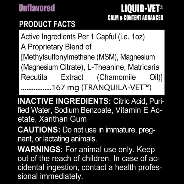 Liquid Vet Calm & Content Advanced Unflavored Ingredients