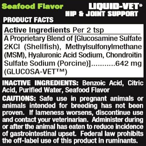 Liquid Vet Hip & Joint Support Seafood Flavor Product Facts 2