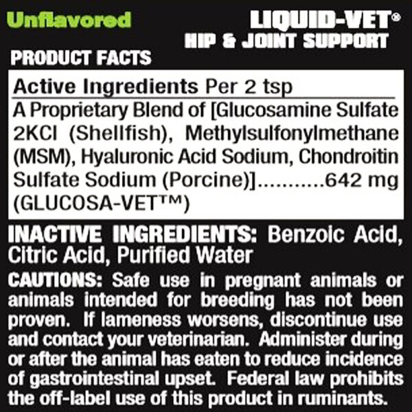 Liquid Vet Hip & Joint Support Unflavored Product Facts