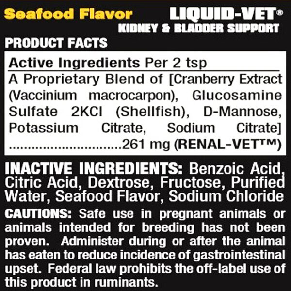 Liquid Vet Kidney & Bladder Support Seafood Flavor Product Facts 2