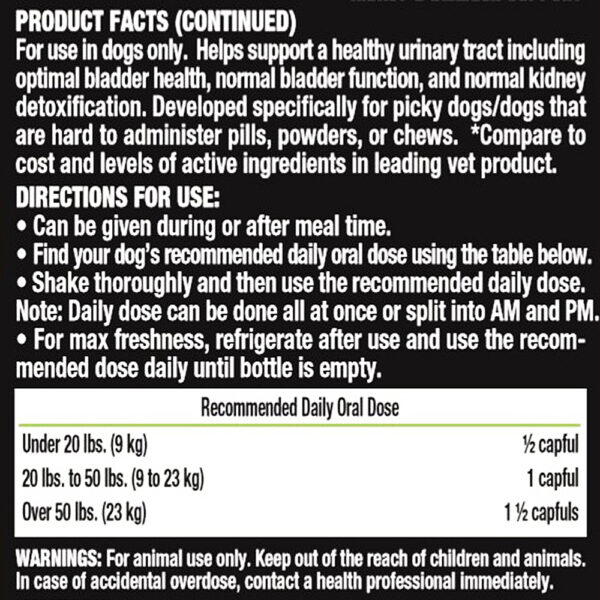 Liquid Vet K-9 Kidney & Bladder Wellness Formula Bacon Flavor Directions for Use